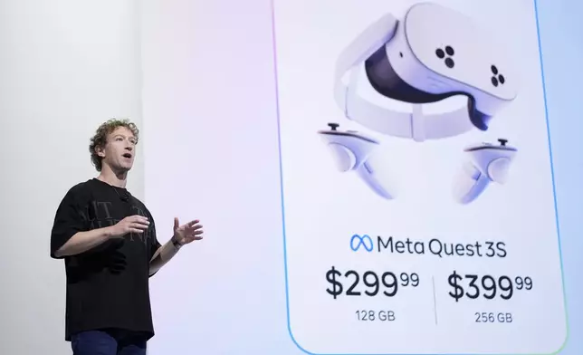 Mark Zuckerberg talks about the Meta Quest 3S during the Meta Connect conference Wednesday, Sept. 25, 2024, in Menlo Park, Calif. (AP Photo/Godofredo A. Vásquez)