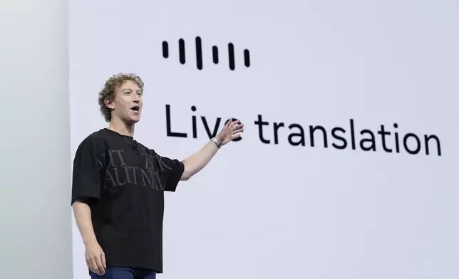 Mark Zuckerberg speaks about the live translation feature on the Ray-Ban Meta smart glasses during the Meta Connect conference Wednesday, Sept. 25, 2024, in Menlo Park, Calif. (AP Photo/Godofredo A. Vásquez)