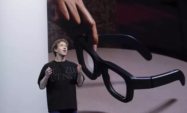 Mark Zuckerberg talks about the Orion AR glasses during the Meta Connect conference Wednesday, Sept. 25, 2024, in Menlo Park, Calif. (AP Photo/Godofredo A. Vásquez)
