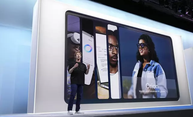 Mark Zuckerberg talks about the Orion AR glasses during the Meta Connect conference Wednesday, Sept. 25, 2024, in Menlo Park, Calif. (AP Photo/Godofredo A. Vásquez)