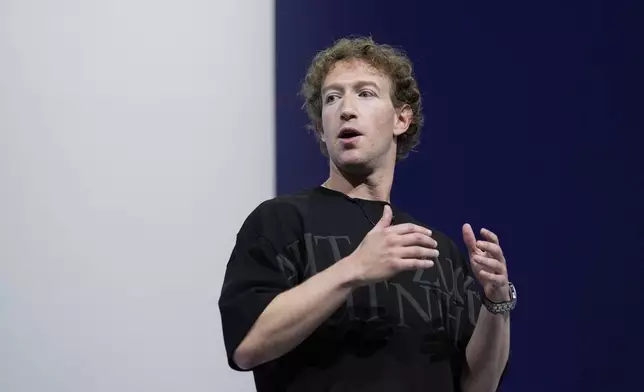 Mark Zuckerberg talks about the Orion AR glasses during the Meta Connect conference Wednesday, Sept. 25, 2024, in Menlo Park, Calif. (AP Photo/Godofredo A. Vásquez)