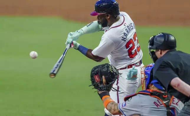 Atlanta Braves' Michael Harris II swings at a pitch called as a strike in the first inning of a baseball game against the New York Mets, Tuesday, Sept. 24, 2024, in Atlanta. (AP Photo/Jason Allen)