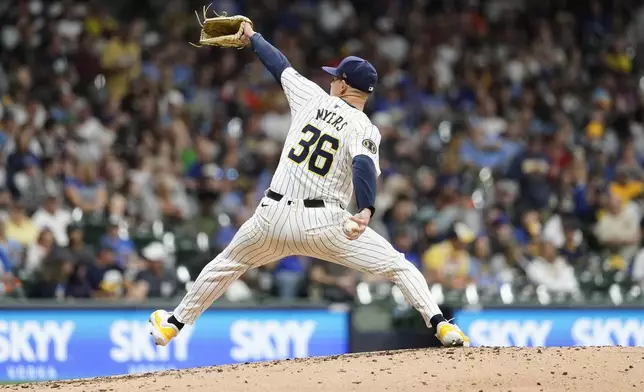 Milwaukee Brewers' Tobias Myers pitches during the fourth inning of a baseball game against the New York Mets, Saturday, Sept. 28, 2024, in Milwaukee. (AP Photo/Aaron Gash)