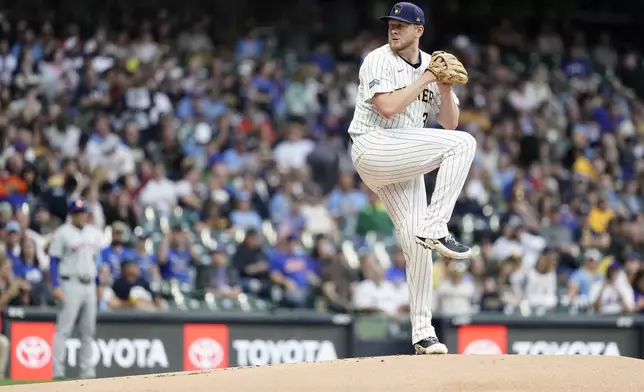 Milwaukee Brewers' Jared Koenig pitches during the first inning of a baseball game against the New York Mets, Saturday, Sept. 28, 2024, in Milwaukee. (AP Photo/Aaron Gash)