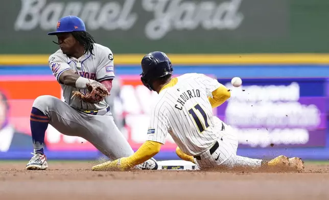 Milwaukee Brewers' Jackson Chourio (11) steals second base past New York Mets' Luisangel Acuña during the first inning of a baseball game Saturday, Sept. 28, 2024, in Milwaukee. (AP Photo/Aaron Gash)