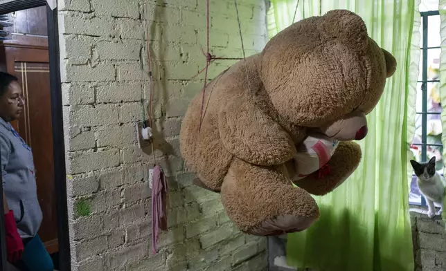 A teddy bear hangs to avoid getting wet inside the home of Guadalupe Islas, reflected in the mirror, as her cat Skipper looks on after sewage-infused flooding damaged her home in Valle de Chalco, State of Mexico, Monday, Sept. 9, 2024. The teddy is her daughter's 15th birthday gift. (AP Photo/Felix Marquez)