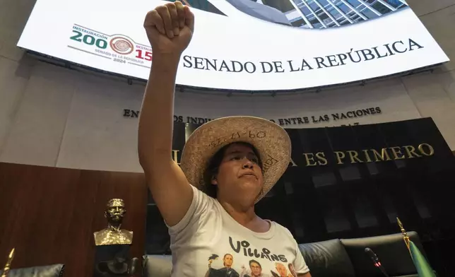 A protester interrupts a Senate session in which lawmakers were debating the government's proposed judicial reform, which would make judges stand for election, in Mexico City, Tuesday, Sept. 10, 2024. (AP Photo/Felix Marquez)