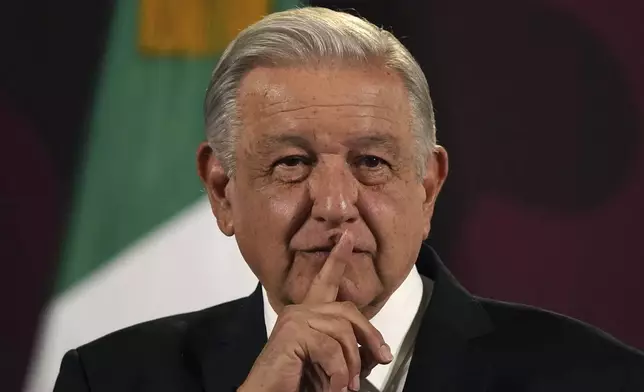 FILE - Mexican President Andres Manuel Lopez Obrador pauses during his daily, morning press conference at the National Palace in Mexico City, March 1, 2024. (AP Photo/Marco Ugarte, File)