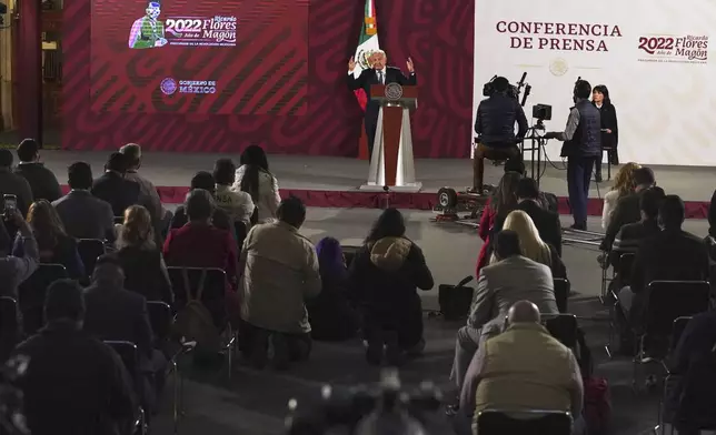 FILE - Mexico's President Andres Manuel Lopez Obrador speaks during his daily press conference at the National Palace, in Mexico City, June 22, 2022. (AP Photo/Marco Ugarte, File)