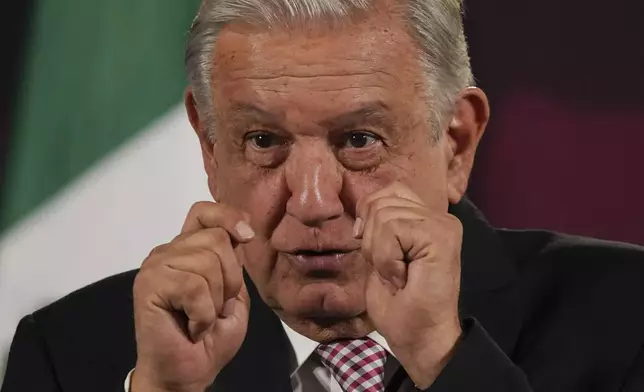 FILE - Mexican President Andres Manuel Lopez Obrador gives his daily, morning press conference at the National Palace in Mexico City, March 1, 2024. (AP Photo/Marco Ugarte, File)