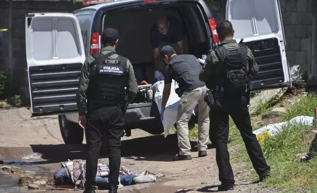 Police watch forensics remove bodies from a street in Culiacan, Sinaloa state, Mexico, Tuesday, Sept. 17, 2024. (AP Photo)