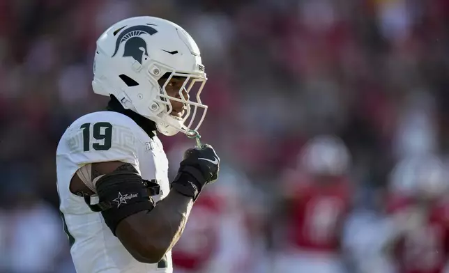 Michigan State defensive back Armorion Smith (19) watches during the second half of an NCAA college football game against Maryland, Saturday, Sept. 7, 2024, in College Park, Md. (AP Photo/Stephanie Scarbrough)