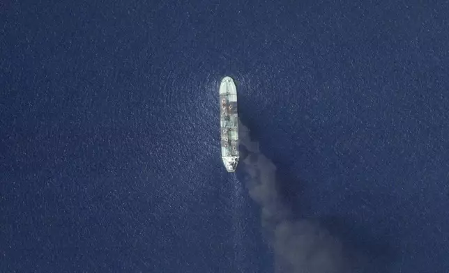 This satellite picture from Planet Labs PBC shows the Greek-flagged oil tanker Sounion burning in the Red Sea after being attacked by Yemen's Houthi rebels on Tuesday, Sept. 3, 2024. (Planet Labs PBC via AP)