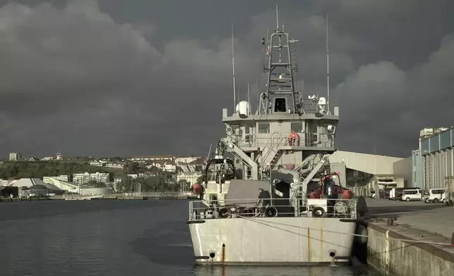 A view of one of the vessels from the French Gendarmerie Nationale in the port of Boulogne-Sur-Mer, France, Tuesday, Sept. 3, 2024, after participating in the rescue operation after a boat carrying migrants ripped apart attempting to cross the English Channel. (AP Photo/Nicolas Garriga)