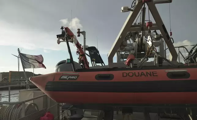 A view of one of the vessels from the French Gendarmerie Nationale in the port of Boulogne-Sur-Mer, France, Tuesday, Sept. 3, 2024, after participating in the rescue operation after a boat carrying migrants ripped apart attempting to cross the English Channel. (AP Photo/Nicolas Garriga)