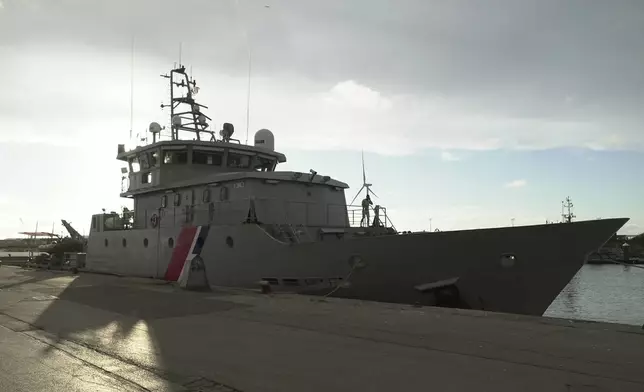 A view of one of the vessels from the French Gendarmerie Nationale in the port of Boulogne-Sur-Mer, France, Tuesday, Sept. 3, 2024, after participating in the rescue operation after a boat carrying migrants ripped apart attempting to cross the English Channel. (AP Photo/Nicolas Garriga)