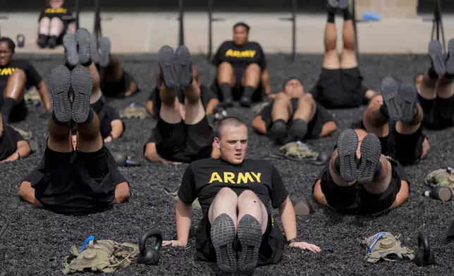 New recruits participate in the Army's future soldier prep course that gives lower-performing recruits up to 90 days of academic or fitness instruction to help them meet military standards at Fort Jackson, a U.S. Army Training Center, Wednesday, Sept. 25, 2024, in Columbia, S.C. (AP Photo/Chris Carlson) call