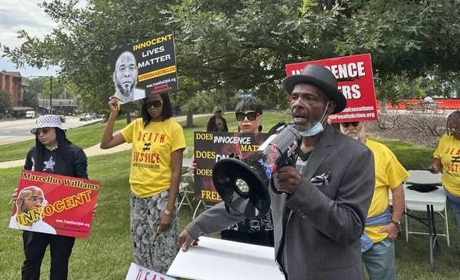 FILE - Joseph Amrine, who was exonerated two decades ago after spending years on death row, speaks at a rally to support Missouri death row inmates Marcellus Williams on Aug. 21, 2024, in Clayton, Mo. (AP Photo/Jim Salter, file)