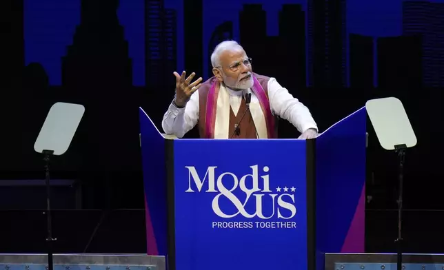 Prime Minister of India Narendra Modi speaks at an event in Uniondale, N.Y., Sunday, Sept. 22, 2024. (AP Photo/Seth Wenig)