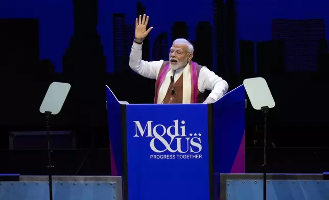 Prime Minister of India Narendra Modi speaks at an event in Uniondale, N.Y., Sunday, Sept. 22, 2024. (AP Photo/Seth Wenig)