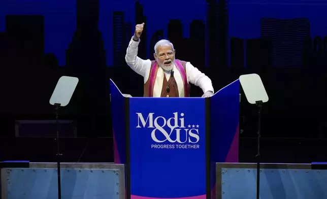 Narendra Modi, Prime Minister of India, speaks at an event in Uniondale, N.Y., Sunday, Sept. 22, 2024. (AP Photo/Seth Wenig)