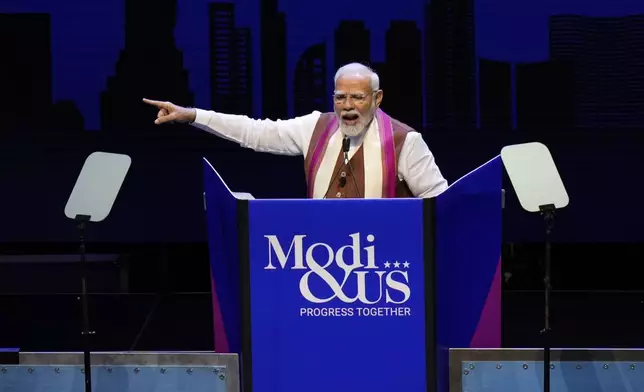 Narendra Modi, Prime Minister of India, speaks at an event in Uniondale, N.Y., Sunday, Sept. 22, 2024. (AP Photo/Seth Wenig)