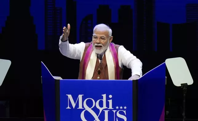 Narendra Modi, Prime Minister of India, speaks at an event in Uniondale, N.Y., Sunday, Sept. 22, 2024. (AP Photo/Seth Wenig)