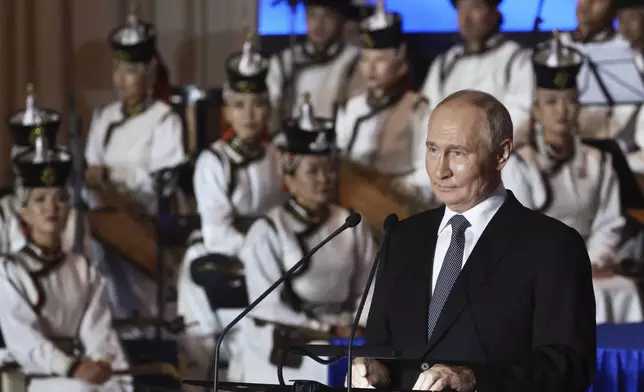 Russian President Vladimir Putin speaks during an event marking the 85th anniversary of the joint victory of the Soviet and Mongolian armed forces over the Japanese militarists on the Khalkhin Gol River, in Ulaanbaatar, Mongolia, Tuesday, Sept. 3, 2024. (Vyacheslav Prokofyev, Sputnik, Kremlin Pool Photo via AP)