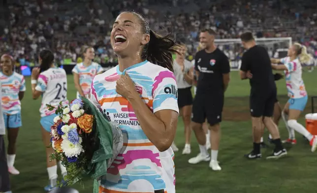 San Diego Wave's Alex Morgan reacts after an NWSL soccer game against the North Carolina Courage on Sunday, Sept. 8 2024, in San Diego. (Sandy Huffaker/The San Diego Union-Tribune via AP)