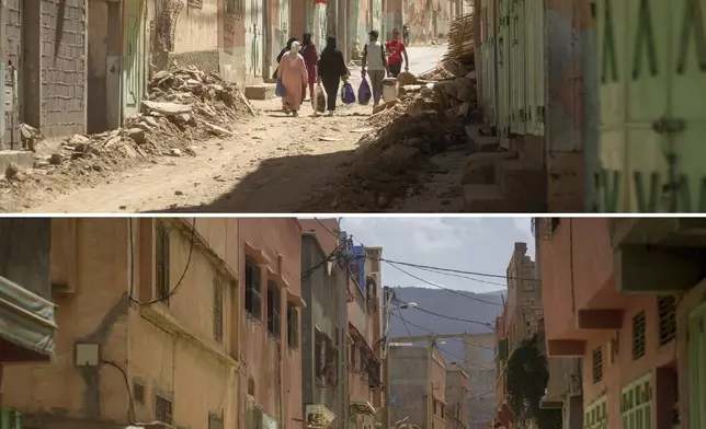 In this combination of photos, people carry possessions as they leave homes which were damaged by an earthquake, in Amizmiz, Morocco, outside Marrakech, Sept. 10, 2023, and the same street on Sept. 4, 2024. (AP Photo/Mosa'ab Elshamy)