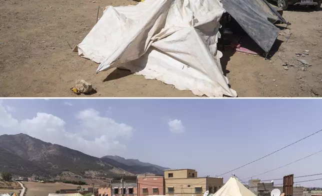 In this combination of photos, tents are set up to shelter people displaced by an earthquake in the town of Amizmiz, Morocco, outside Marrakech, Sept. 10, 2023, and the same area on Sept. 4, 2024. (AP Photo/Mosa'ab Elshamy)