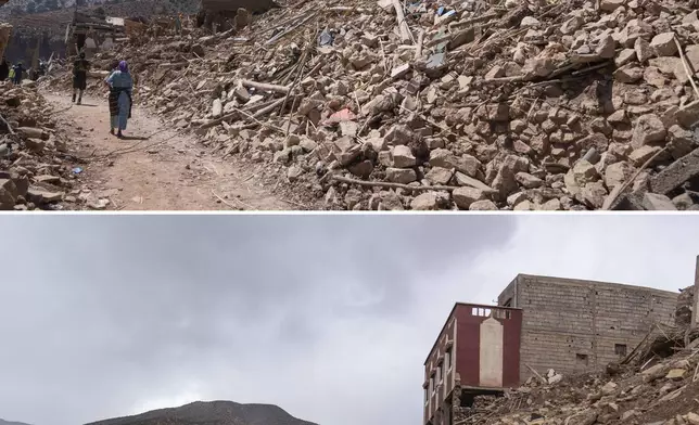 In this combination of photos, people walk past the wreckage caused an earthquake in the town of Imi N'tala, Morocco, outside Marrakech, Tuesday, Sept. 12, 2023, and the same road on Sept. 4, 2024. (AP Photo/Mosa'ab Elshamy)