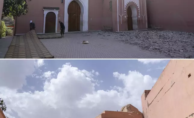 In this combination of photos, people set up rugs for prayer outside a mosque damaged in an earthquake in the town of Amizmiz, Morocco, outside Marrakech, Thursday, Sept. 14, 2023, and the same view on Sept. 4, 2024. (AP Photo/Mosa'ab Elshamy)