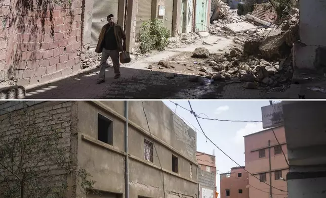 In this combination of photos, a man looks at damage from an earthquake in the town of Amizmiz, Morocco, outside Marrakech, Sept. 10, 2023, and a man driving past the same street on Sept. 4, 2024. (AP Photo/Mosa'ab Elshamy)