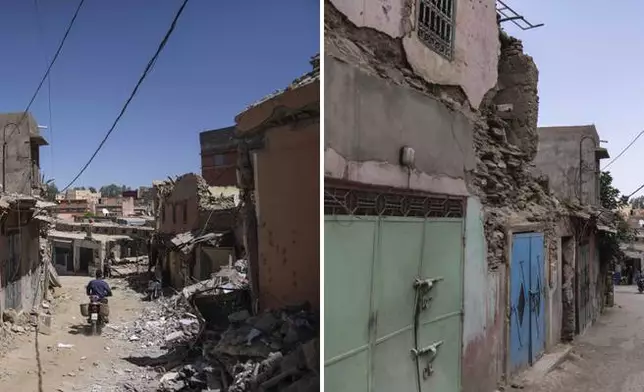 In this combination of photos, a man drives past damage from an earthquake in the town of Amizmiz, Morocco, near Marrakech, Sept. 10, 2023 and people walking down the same street on Sept. 4, 2024. (AP Photo/Mosa'ab Elshamy)