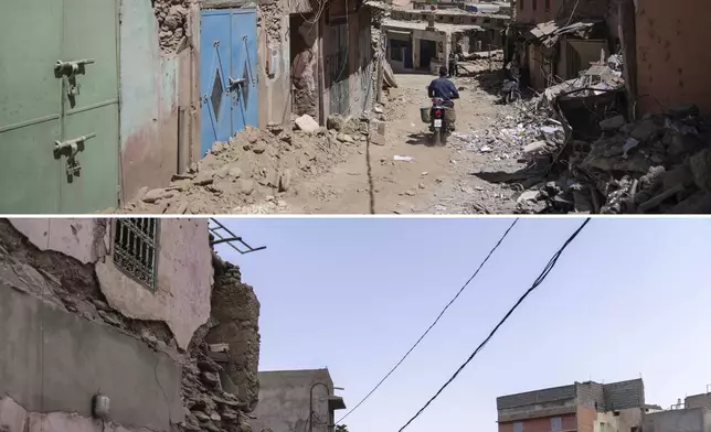 In this combination of photos, a man drives past earthquake damage in the town of Amizmiz, Morocco, near Marrakech, Sept. 10, 2023, and people walking down the same street on Sept. 4, 2024. (AP Photo/Mosa'ab Elshamy)