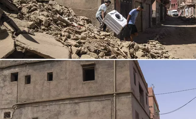 In this combination of photos, people recover a washing machine from their home damaged by an earthquake in the town of Amizmiz, Morocco, outside Marrakech, Sept. 10, 2023, and the same view on Sept. 4, 2024. (AP Photo/Mosa'ab Elshamy)