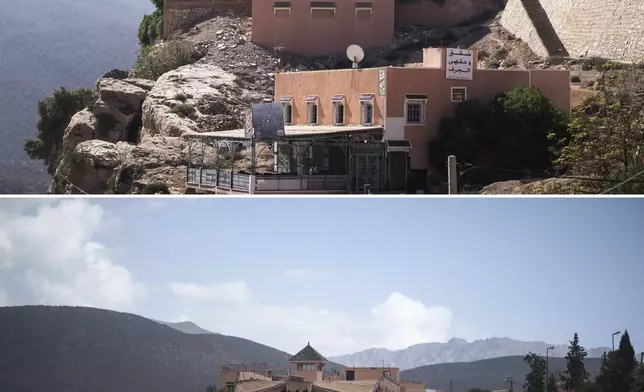 In this combination of photos, an earthquake-damaged hotel in Moulay Brahim village, Morocco, near Marrakech, Saturday, Sept. 9, 2023, and the same view on Sept. 5, 2024. (AP Photo/Mosa'ab Elshamy)