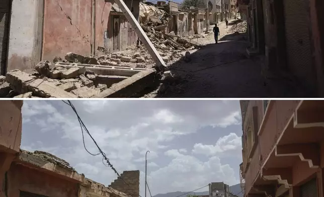 In this combination of photos, people walk past damage from an earthquake in the town of Amizmiz, Morocco, outside Marrakech, Sept. 10, 2023, and the same street on Sept. 4, 2024. (AP Photo/Mosa'ab Elshamy)