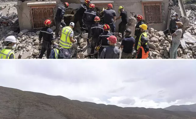 In this combination of photos, a team attempts to recover the body of a woman who was killed an earthquake in the town of Imi N'tala, Morocco, outside Marrakech, Tuesday, Sept. 12, 2023, and the wreckage of the same home on Sept. 4, 2024. (AP Photo/Mosa'ab Elshamy)