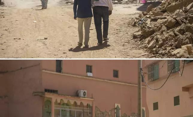 In this combination of photos, people walk past damage from an earthquake in the town of Amizmiz, near Marrakech, Sept. 10, 2023, and a boy driving down the same road on Sept. 4, 2024. (AP Photo/Mosa'ab Elshamy)