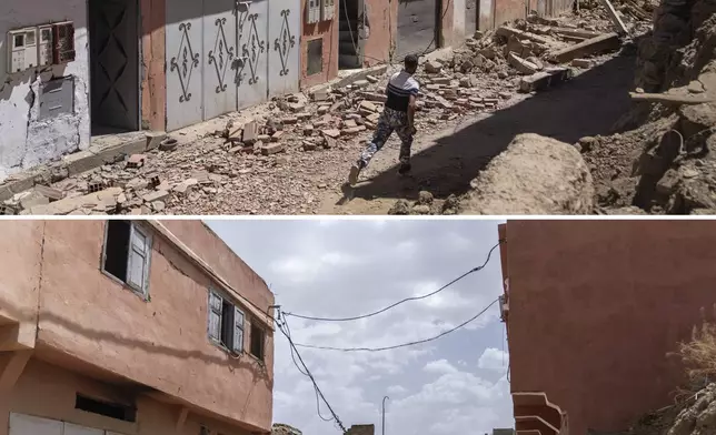 In this combination of photos, a man runs to his home which was damaged by an earthquake in the town of Amizmiz, Morocco, near Marrakech, Sept. 10, 2023, and the same road on Sept. 4, 2024. (AP Photo/Mosa'ab Elshamy)