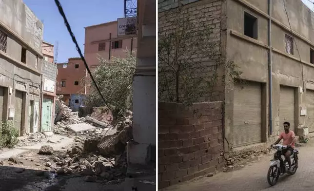 In this combination of photos, a man inspects damage caused by earthquake in the town of Amizmiz, Morocco, outside Marrakech, Sept. 10, 2023, and a man driving past the same street on Sept. 4, 2024. (AP Photo/Mosa'ab Elshamy)