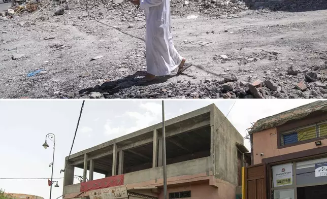 In this combination of photos, a man walks on a damaged road after an earthquake in the town of Amizmiz, Morocco, outside Marrakech, Sept. 10, 2023, and people shopping for food at the same area on Sept. 4, 2024. (AP Photo/Mosa'ab Elshamy)