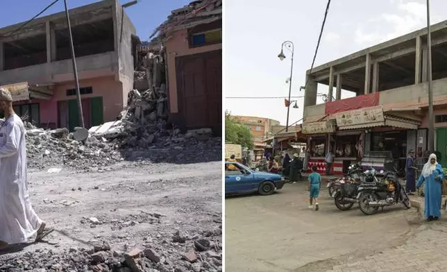 In this combination of photos, a man walks on a damaged road after an earthquake in the town of Amizmiz, Morocco, outside Marrakech, Sept. 10, 2023, and people shopping for food at the same area on Sept. 4, 2024. (AP Photo/Mosa'ab Elshamy)