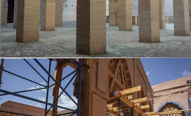 This combination of 2022 and Sept. 5, 2024 photos shows the interior of the Great Mosque of Tinmel which suffered significant damage during a 2023 earthquake in the Atlas mountain village of Tinmel, outside of Marrakech, Morocco. (AP Photo/Mosa'ab Elshamy)