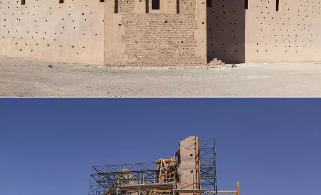 This combination of 2022 and Sept. 5, 2024 photos shows the Great Mosque of Tinmel which suffered significant damage during a 2023 earthquake in the Atlas mountain village of Tinmel, outside of Marrakech, Morocco. (AP Photo/Mosa'ab Elshamy)