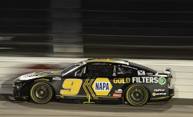 Chase Elliott steers down the front stretch during a NASCAR Cup Series auto race at Darlington Raceway, Sunday, Sept. 1, 2024, in Darlington, S.C. (AP Photo/Matt Kelley)