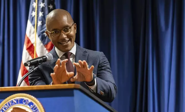 Manhattan-based U.S. Attorney Damian Williams speaks at a press conference at Federal Plaza in New York, Monday Sept. 16, 2024. (AP Photo/Stefan Jeremiah)