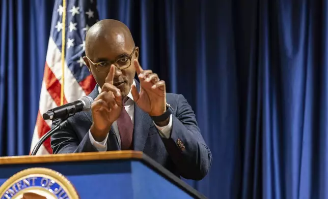 Manhattan-based U.S. Attorney Damian Williams speaks at a press conference at Federal Plaza in New York, Monday Sept. 16, 2024. (AP Photo/Stefan Jeremiah)